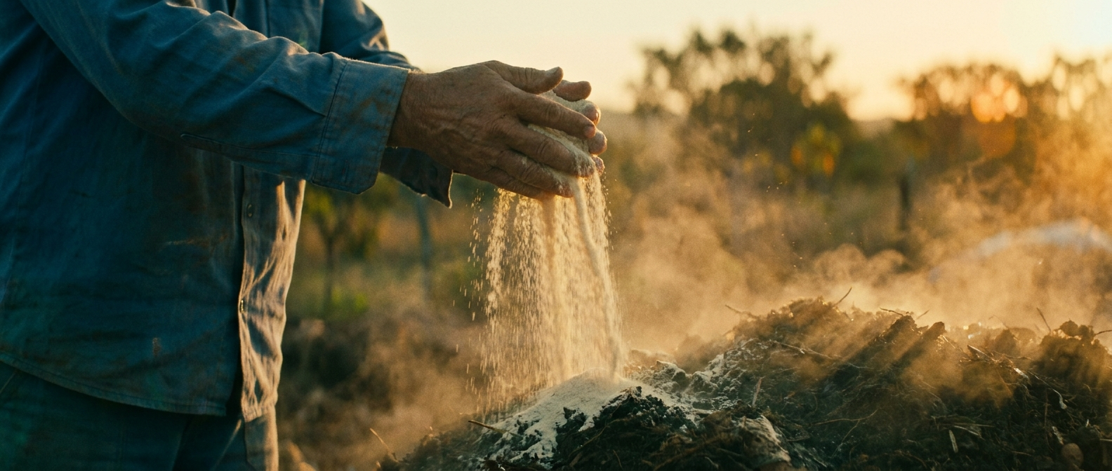 BestBor · Ulexita 10% Natural — pó farelado caindo na leira da compostagem